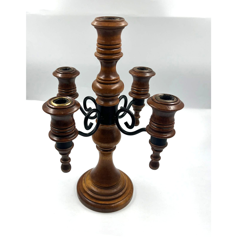 Vintage Candelabra Wooden Curved Metal 4 Arms Stick‎ Candle Holder Decor - Picture 7 of 11